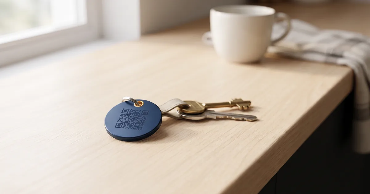 A QR code review keyring on a set of keys, ready to hand to a customer